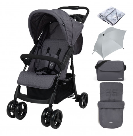 Puggle Starmax Pushchair Stroller with Raincover, Universal Footmuff, Parasol and Changing Bag with Mat – Slate Grey