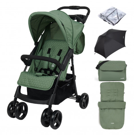Puggle Starmax Pushchair Stroller with Raincover, Universal Footmuff, Parasol and Changing Bag with Mat – Sage Green