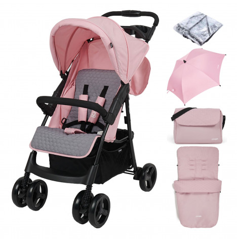 Puggle Starmax Pushchair Stroller with Raincover, Universal Footmuff, Parasol and Changing Bag with Mat – Vintage Pink