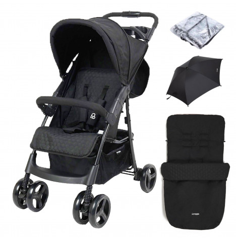 Puggle Starmax Pushchair Stroller with Raincover, Universal Footmuff and Parasol – Storm Black