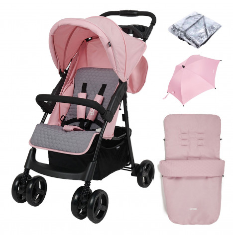 Puggle Starmax Pushchair Stroller with Raincover, Universal Footmuff and Parasol – Vintage Pink