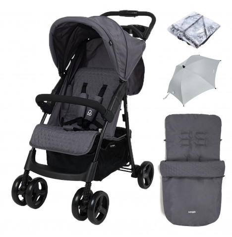 Puggle Starmax Pushchair Stroller with Raincover, Universal Footmuff and Parasol – Slate Grey