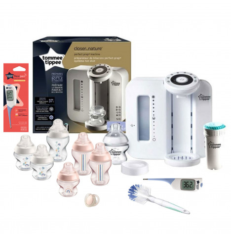 Tommee Tippee 11pc Perfect Prep Machine, Thermometer and Anti-Colic Baby Bottle Feeding Bundle - White / Pink