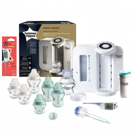 Tommee Tippee 11pc Perfect Prep Machine, Thermometer and Anti-Colic Baby Bottle Feeding Bundle - White / Green
