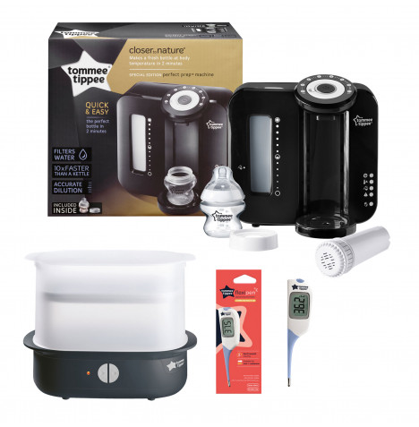 Tommee Tippee 4pc Perfect Prep Machine Electric Steriliser and Thermometer Baby Bottle Feeding Bundle - Black