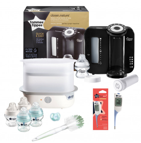Tommee Tippee 10pc Perfect Prep Machine Complete Steriliser and Themometer Baby Bottle Feeding Bundle - Black