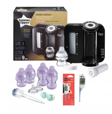 Tommee Tippee 12pc Perfect Prep Machine Anti-Colic Baby Bottle and Thermometer Feeding Bundle - Black / Purple