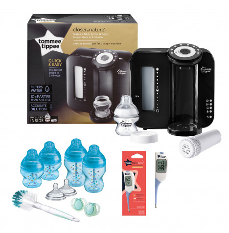 Tommee Tippee 12pc Perfect Prep Machine Anti-Colic Baby Bottle and Thermometer Feeding Bundle - Black / Blue