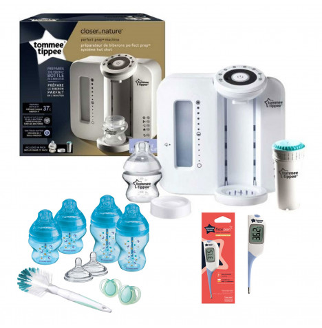 Tommee Tippee 12pc Perfect Prep Machine Anti-Colic Baby Bottle and Thermometer Feeding Bundle - White / Blue