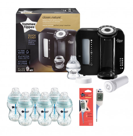 Tommee Tippee 9pc Perfect Prep Machine Anti-Colic Baby Bottle and Thermometer Feeding Bundle - Black / Blue