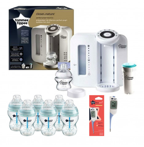 Tommee Tippee 9pc Perfect Prep Machine Anti-Colic Baby Bottle and Thermometer Feeding Bundle - White / Blue