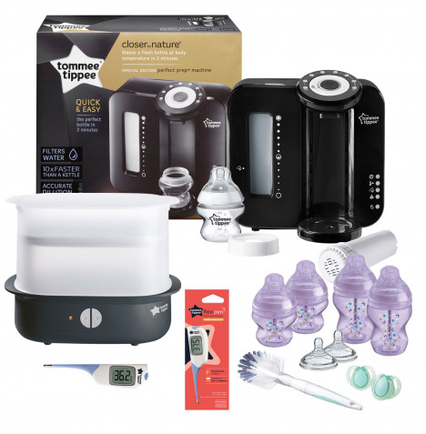Tommee Tippee 13pc Perfect Prep Machine Electric Steriliser Anti-Colic Baby Bottle and Thermometer Feeding Bundle - Black / Purple