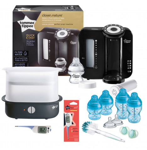 Tommee Tippee 13pc Perfect Prep Machine Electric Steriliser Anti-Colic Baby Bottle and Thermometer Feeding Bundle - Black / Blue