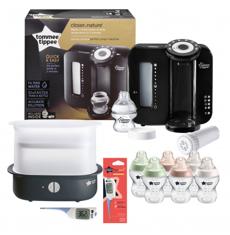 Tommee Tippee 10pc Perfect Prep Machine Electric Steriliser and Thermometer Baby Bottle Feeding Bundle - Black