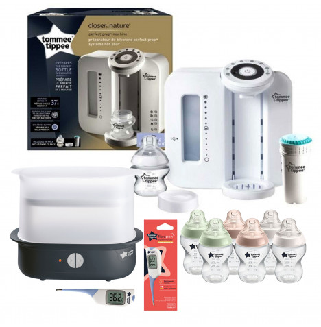 Tommee Tippee 10pc Perfect Prep Machine Electric Steriliser and Thermometer Baby Bottle Feeding Bundle - White