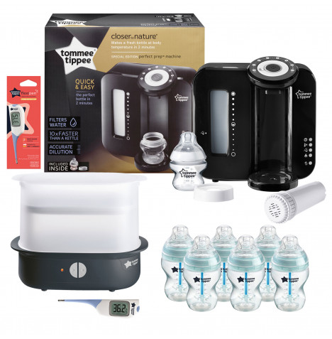 Tommee Tippee 10pc Perfect Prep Machine Electric Steriliser Anti-Colic Baby Bottle and Thermometer Feeding Bundle - Black / Blue