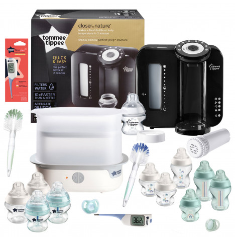 Tommee Tippee 19pc Perfect Prep Machine Complete Steriliser Baby Bottle and Thermometer Feeding Bundle - Black / Green