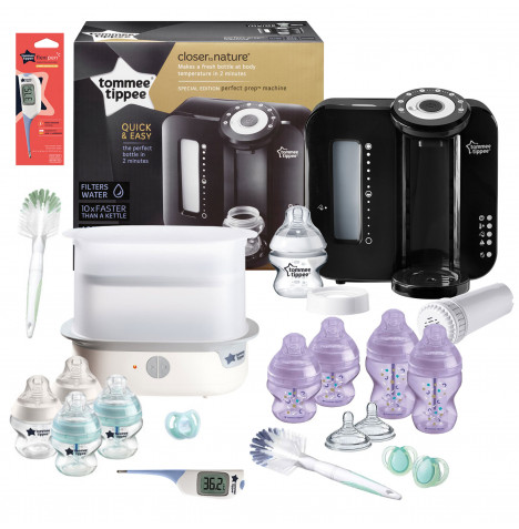 Tommee Tippee 19pc Perfect Prep Machine Complete Steriliser Anti-Colic Baby Bottle and Thermometer Feeding Bundle - Black / Purple