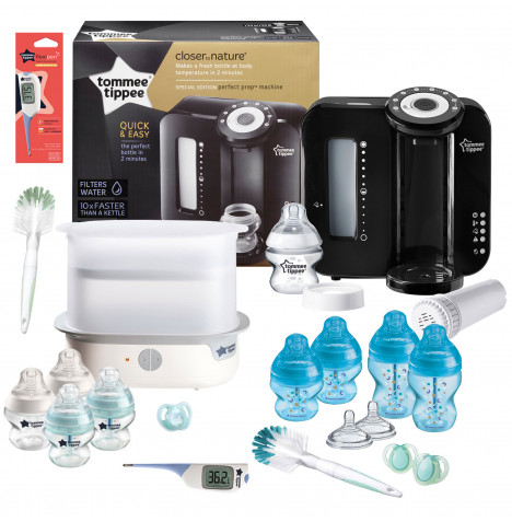 Tommee Tippee 19pc Perfect Prep Machine Complete Steriliser Anti-Colic Baby Bottle and Thermometer Feeding Bundle - Black / Blue