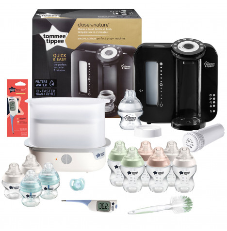 Tommee Tippee 16pc Perfect Prep Machine Complete Steriliser Baby Bottle and Thermometer Feeding Bundle - Black / Natural