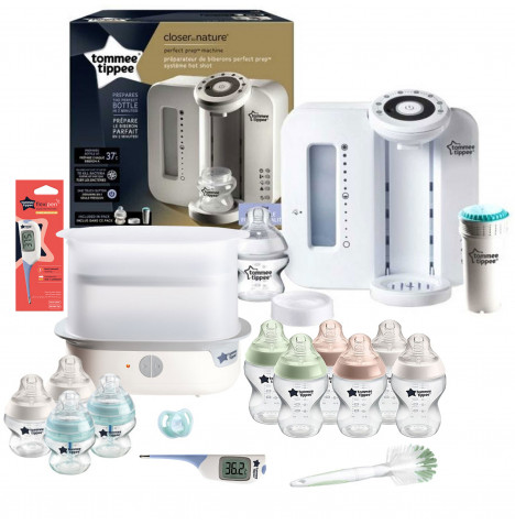 Tommee Tippee 16pc Perfect Prep Machine Complete Steriliser Baby Bottle and Thermometer Feeding Bundle - White / Natural