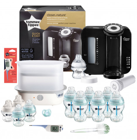 Tommee Tippee 16pc Perfect Prep Machine Complete Steriliser Anti-Colic Baby Bottle and Thermometer Feeding Bundle - Black / Natural Blue