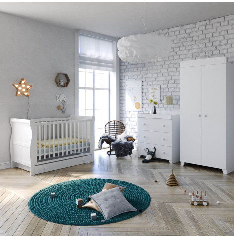 Sleigh Cot 5 Piece Nursery Furniture Set with Spring Maxi Cool Mattress - White