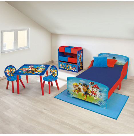 Paw Patrol Wooden Junior Toddler Bed, Toy Organiser and Table & Chairs Set With Eco Fibre Mattress – Blue