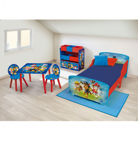 Paw Patrol Wooden Junior Toddler Bed, Toy Organiser and Table & Chairs Set With Eco Fibre Mattress – Blue