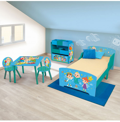 Cocomelon Wooden Junior Toddler Bed, Toy Organiser and Table & Chairs Set With Eco Fibre Mattress – Blue