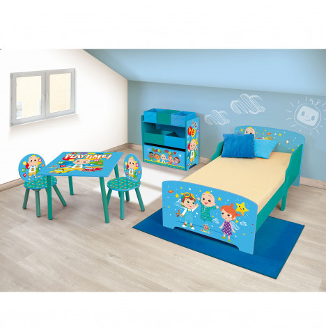 Cocomelon Wooden Junior Toddler Bed, Toy Organiser and Table & Chairs Set With Eco Fibre Mattress – Blue