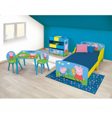 Peppa Pig Wooden Junior Toddler Bed, Toy Organiser and Table & Chairs Set – Yellow