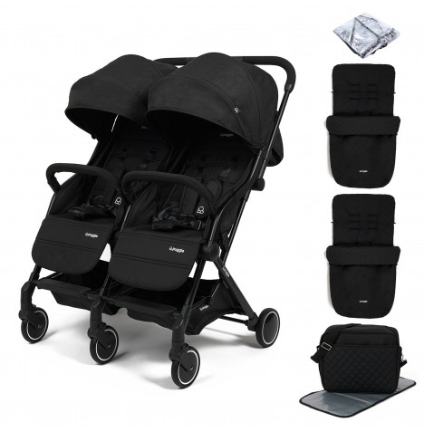Puggle City Traveller Compact Fold Twin Pushchair with 2 Footmuffs & Changing Bag – Storm Black