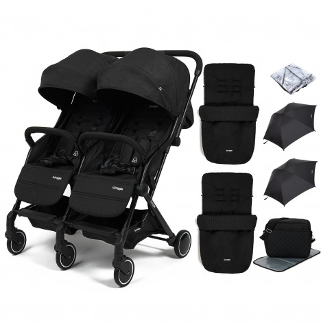 Puggle City Traveller Compact Fold Twin Pushchair with 2 Footmuffs, 2 Parasols & Changing Bag – Storm Black