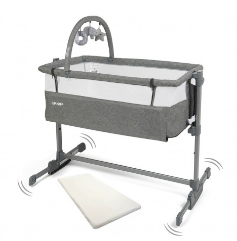 Puggle Sleepy Rocking Bedside Crib with Toy Bar & Fitted Sheet – Graphite Grey