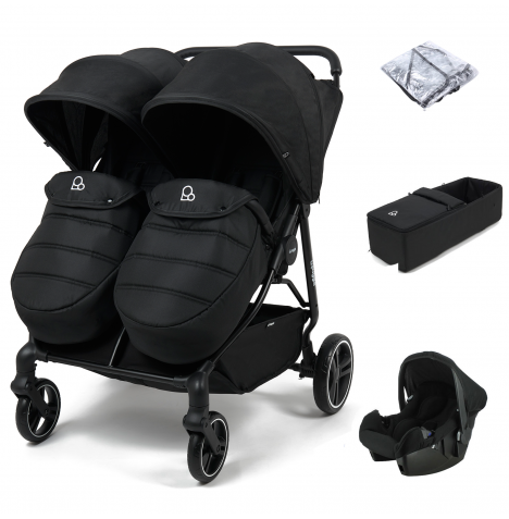Puggle Urban City Slimline Easyfold Twin Travel System Bundle with Beone Car Seat & 1 Soft Carrycot - Storm Black