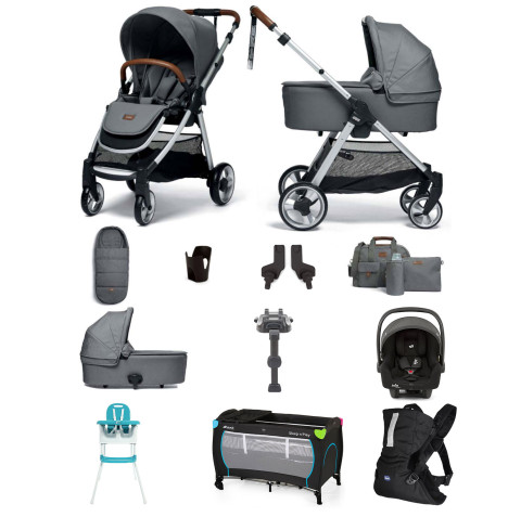 Mamas & Papas Flip XT2 12pc Essentials (i-Snug 2 Car Seat) Everything You Need Travel System Bundle Carrycot & ISOFIX Base - Fossil Grey