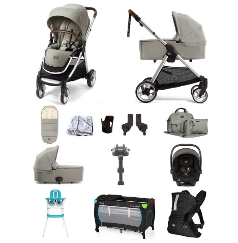 Mamas & Papas Flip XT2 12pc Essentials (i-Snug 2 Car Seat) Everything You Need Travel System Bundle with Carrycot & ISOFIX Base - Sage Green