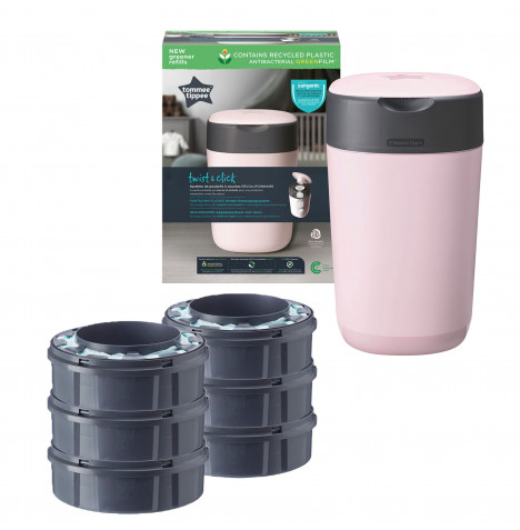 Tommee Tippee Twist & Click Nappy Disposal Bin & 6 Refills - Pink