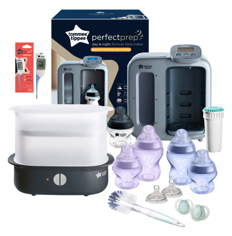 Tommee Tippee Perfect Prep Machine Instant Baby Bottle Maker Feeding Bundle with Thermometer - Grey / Purple & Blue