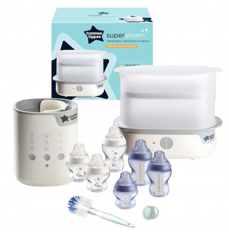 Tommee Tippee Steriliser, Bottle Warmer and Baby Bottle Feeding Bundle - White / Blue