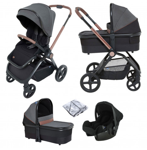 Chicco Mysa Stroller Travel System with Beone Car Seat, Carrycot & Raincover - Black Satin 