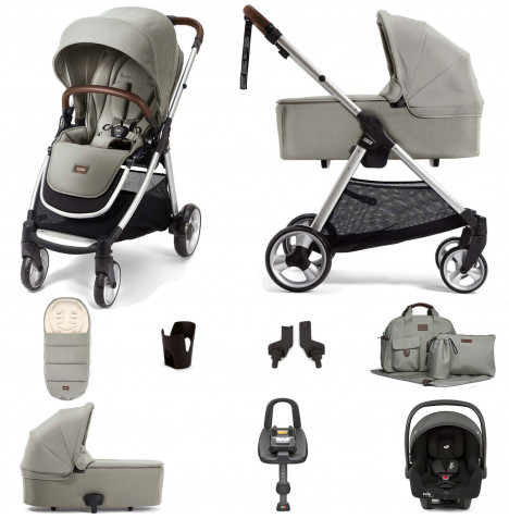 Mamas & Papas Flip XT2 8pc Essentials (i-Size 2 Car Seat) Travel System with Carrycot & ISOFIX i-Base Advance - Sage Green