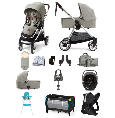 Mamas & Papas Flip XT2 12pc Essentials (i-Snug 2 Car Seat) Everything You Need Travel System Bundle with Carrycot & ISOFIX i-Base Advance - Sage Green