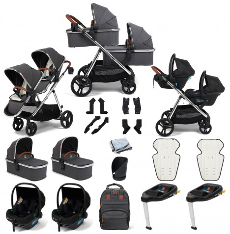 Puggle Memphis 3-in-1 Duo i-Size Double Twin Travel System With ISOFIX Base - Platinum Grey (Chrome Frame)
