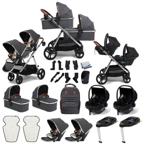 Puggle Memphis 3-in-1 Duo i-Size Double Twin Travel System With ISOFIX Base - Platinum Grey (Chrome Frame)