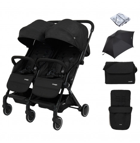 Puggle City Traveller Compact Fold Twin Pushchair with Footmuff, Parasol & Changing Bag – Storm Black