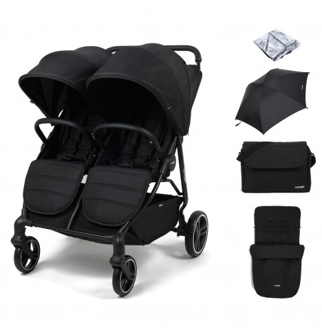 Puggle Urban City Easyfold Twin Pushchair with Footmuff, Parasol & Changing Bag – Storm Black