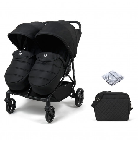 Puggle Urban City Easyfold Twin Pushchair with Footmuffs & Changing Bag - Storm Black