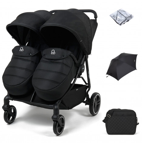Puggle Urban City Easyfold Twin Pushchair with Footmuff, Parasol & Changing Bag - Storm Black